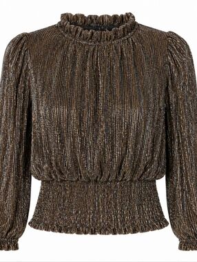 Joie Long Sleeve Shimmering Gold Smoked Waist Ruffled Round Neck Blouse Size L